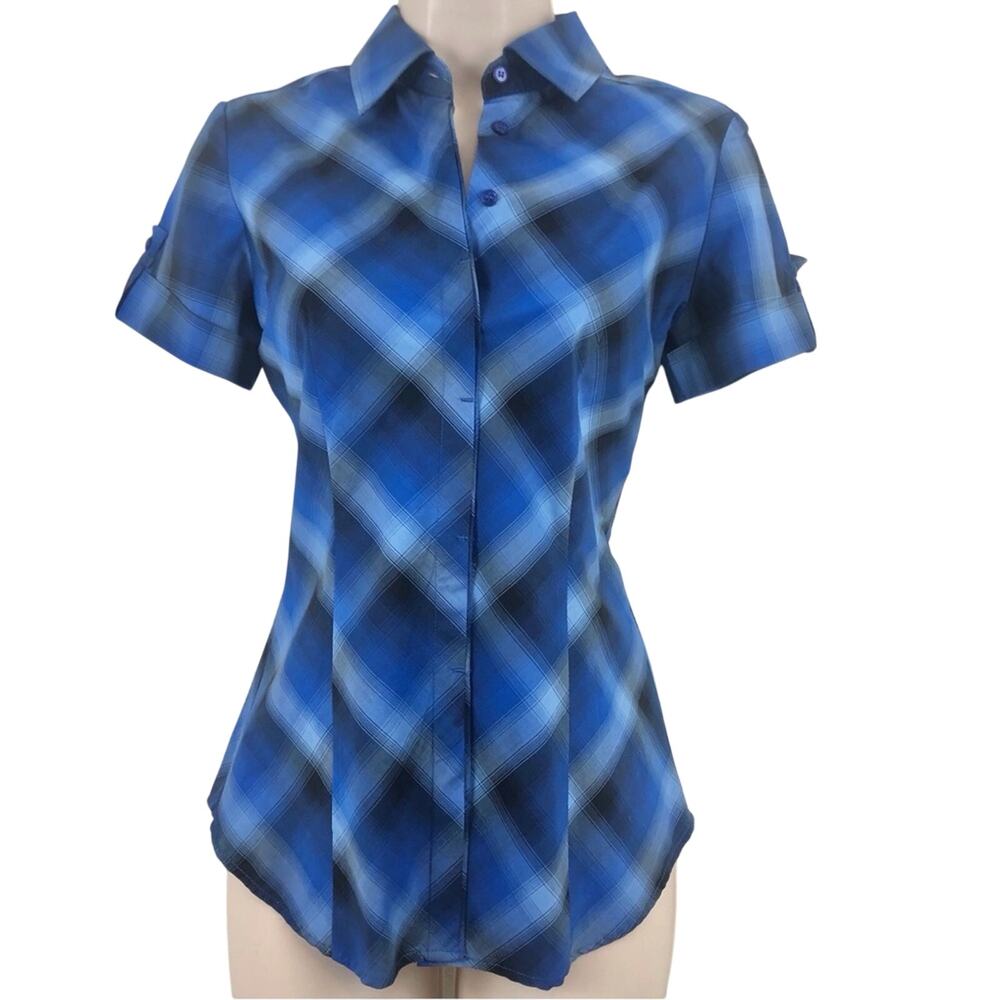 New York & Company Blue Black Plaid Blouse Button Front Stretch Tailored Fit